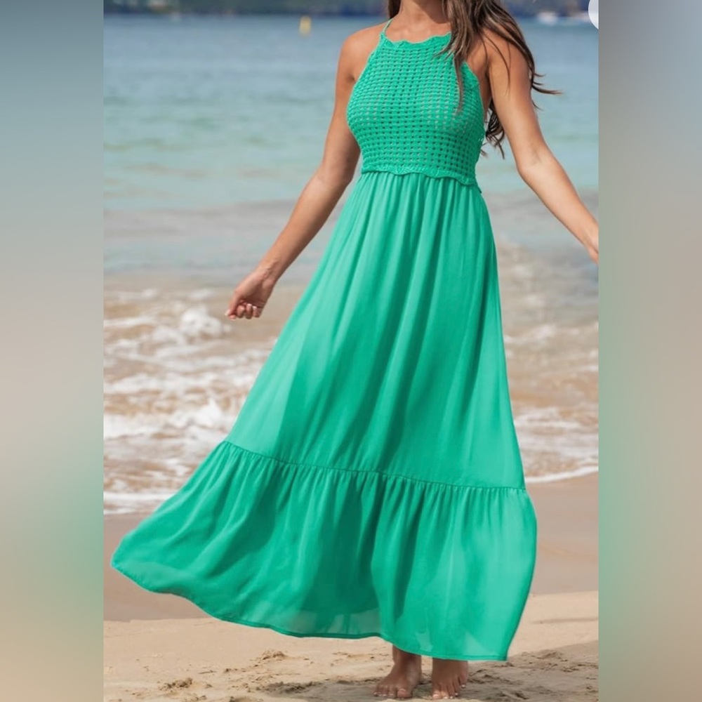 Green Maxi Dress halter crochet top backless